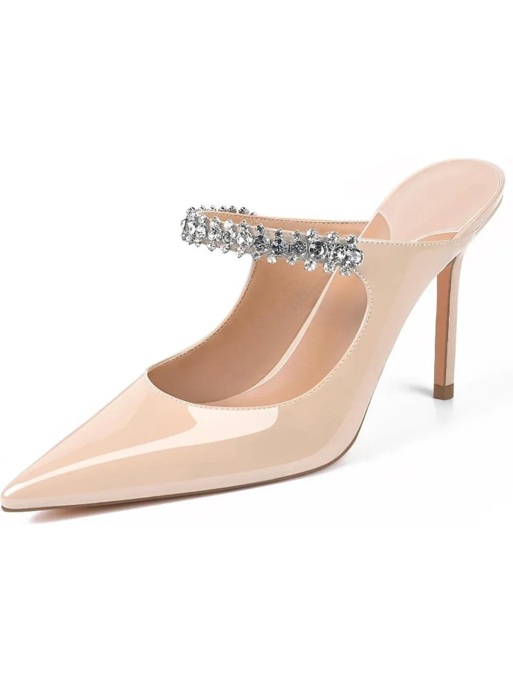 Women's Nude Rhinestone Heels Pointed Toe Slip On 4